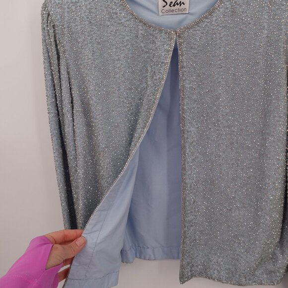 Vintage 100% Silk Beaded Jacket Baby Blue Large - Picture 4 of 11